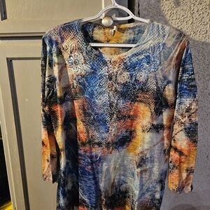 Reba Blue and Orange Abstract Long Sleeve Top